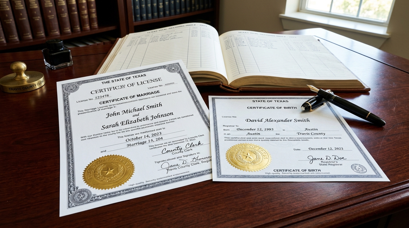 Texas Vital Records Marriage Certificate and Birth Certificate